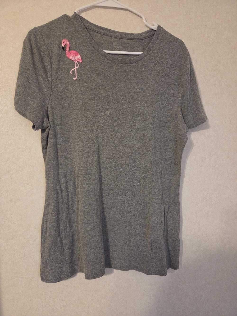 Women’s Grey Tee with Pink Flamingo Patch